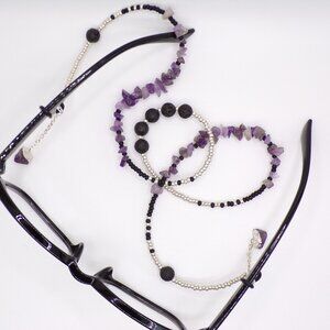 Hand made Amethyst lava stone and silver eye glass beaded lanyard